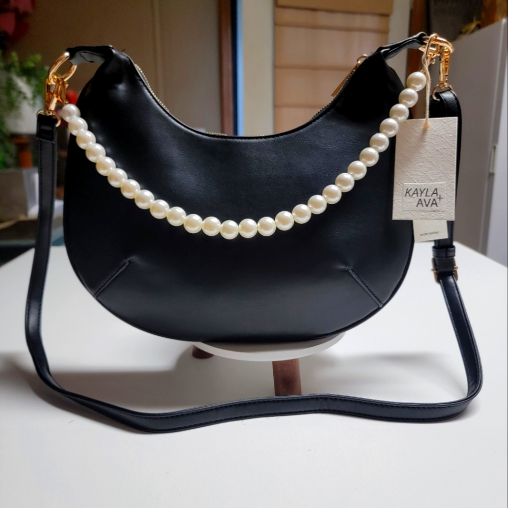 Kayla+Ava Black Leather Crossbody Bag with Pearl Accent Handle NWT